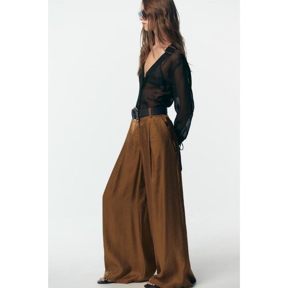 ZARA WIDE SATIN TROUSERS WITH BELT - Picture 5 of 8